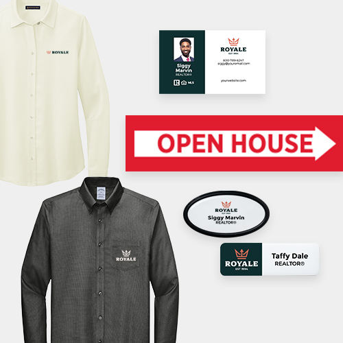 Two dress shirts with 'ROYALE' branding, business cards, name tags for 'Siggy Marvin' and 'Taffy Dale', and a large 'OPEN HOUSE' arrow sign, all in a real estate theme.